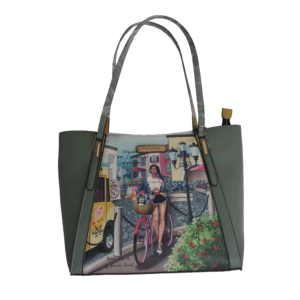 bolso tote premium verde oliva con ilustración urbana tradicional