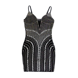 vestido de fiesta negro elegante con pedrería fina en espalda