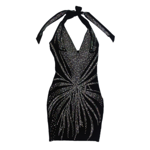 vestido de fiesta negro cuello halter con pedrería en destellos
