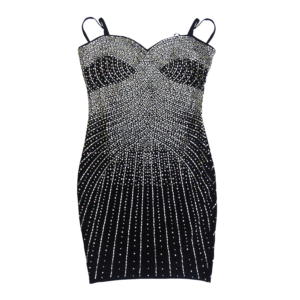 vestido corto de fiesta negro con corsé geométrico en pedrería