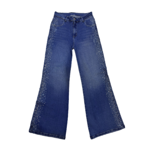 jean corset acid blue – detalle lateral de malla y tachas