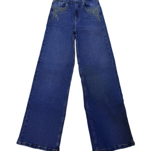 jeans wide leg "golden dust" de tiro alto con pretina elástica posterior y pedrería