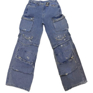 jeans cargo wide leg "urban pearl" de tiro alto con múltiples bolsillos y pedrería