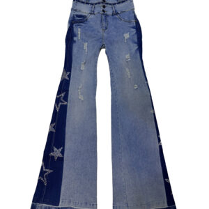 jeans acampanados "starry flare" de tiro alto con diseño bicolor y estrellas de cristal