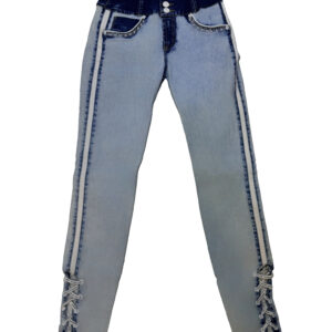 jeans skinny "sky lace up" de tiro alto bicolor con pasadores y pedrería