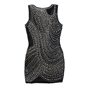 vestido corto de fiesta "pearl wave" con transparencias y bordado de perlas