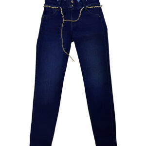 jeans skinny "blue diamond" de tiro alto con pretina de rombos y cadena dorada